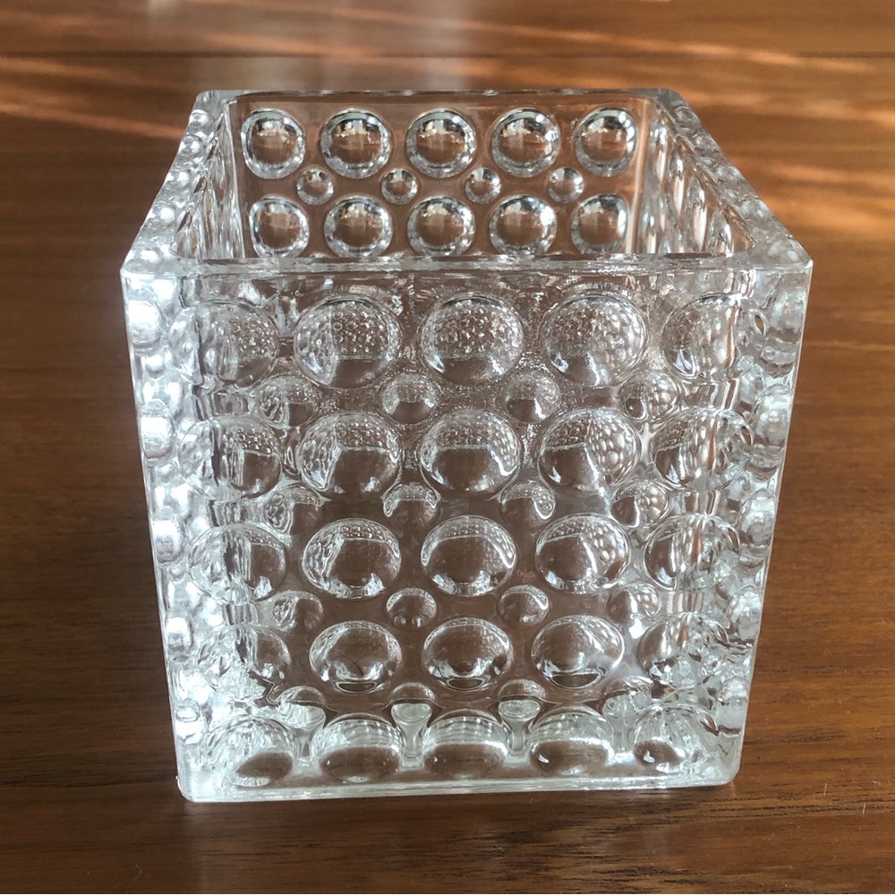 Square heavy clear vase candle holder dimpled. 4 3/4”